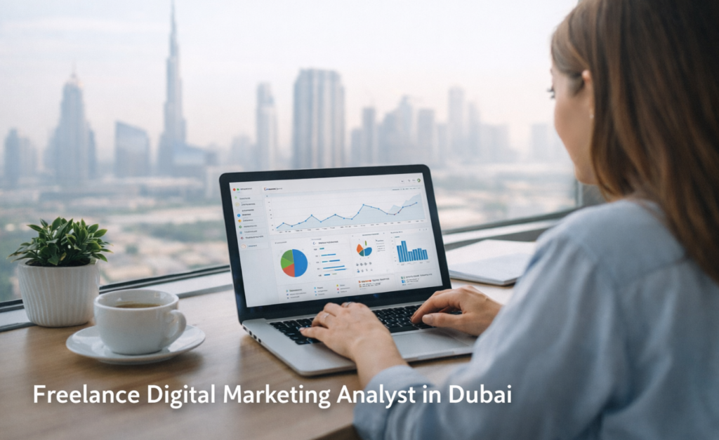 A woman is working infront of laptop with the view of BurjKalifa freelance digital marketing analyst in Dubai.