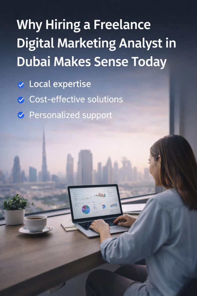 a women working in front of laptop with the view od dubai